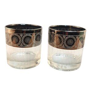 Culver CUV86 Double Rocks Glasses With Silver & Clear Intricate Design Set Of 2
